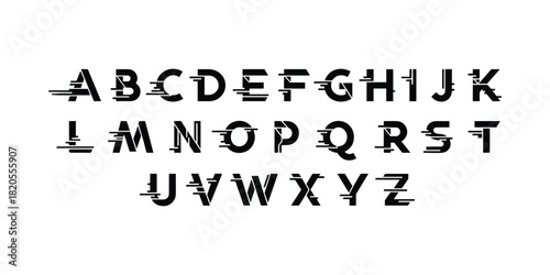 Dynamic uppercase alphabet. Horizontal motion blur effect. Speedy letter design. Modern technology font. Fast-paced typography.
