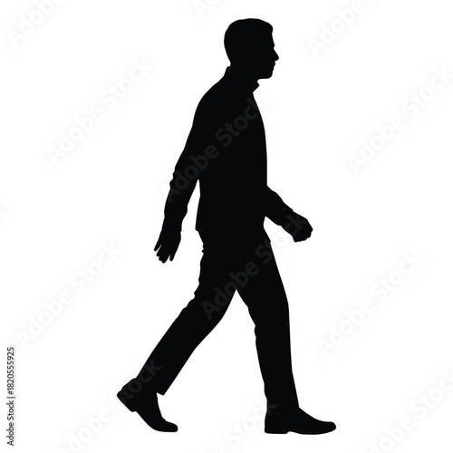 A black silhouette of a man in motion, walking forward with a confident stride, presented in a side profile against a clean, isolated on