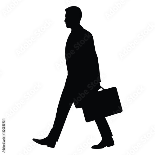 Silhouette of a businessman walking with a briefcase, representing concepts of career, success, and professional life, isolated on