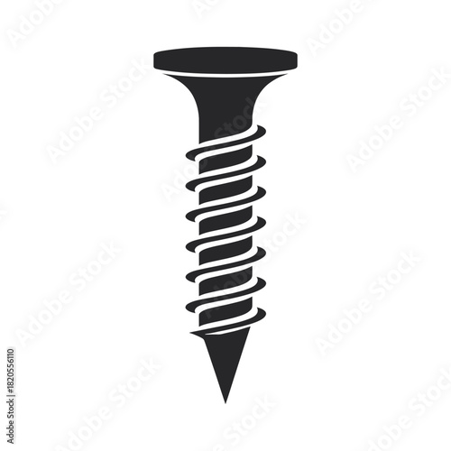 A black silhouette of a screw with a pointed tip and spiral thread, representing a common fastener used in construction and repair, isolated on
