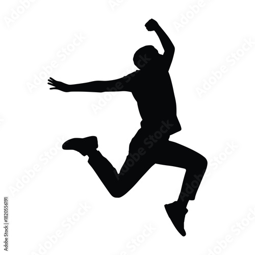 Dynamic silhouette of a person jumping with arms raised, expressing joy, freedom, and success, isolated on