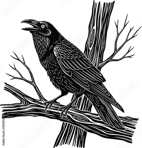 Black raven illustration crow on branch drawing vector art design art eps silhouette