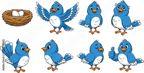 Cartoon blue bird character set, emotional bird poses, cute animal expressions, flying mascot illustration, nest and eggs, flat vector illustration