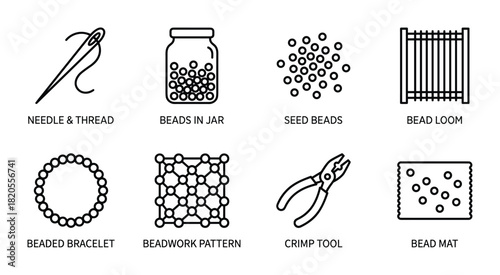 Essential beading supplies and patterns including needle thread, beads in jar, seed beads, bead loom, beaded bracelet, beadwork pattern, crimp tool, and bead mat.