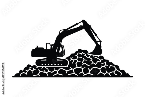 Excavator on pile of rocks. Industrial machine digging. Heavy equipment at work. Construction site activity.