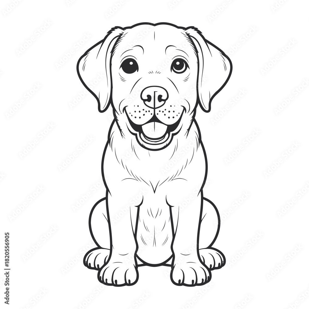 Obraz premium Adorable and happy puppy sitting, a charming black and white line art illustration of a young dog with a friendly expression, perfect for coloring books