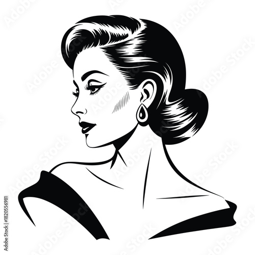 Elegant retro woman with a classic hairstyle and earring, depicted in a stylish black and white illustration, exuding vintage glamour and sophistication