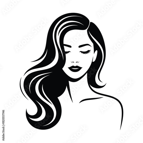 Elegant woman with long wavy hair and closed eyes, a beautiful and minimalist black and white illustration isolated on