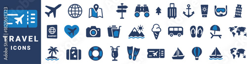 Collection of blue and white travel and vacation icons on dark blue background airplane ticket