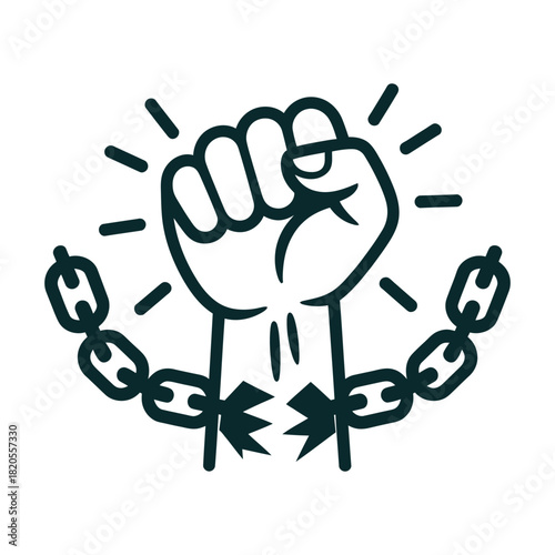 Raised fist breaking chains, symbolizing freedom, revolution, human rights, equality, and liberation from oppression and injustice