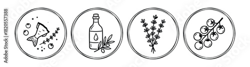 Fish with tomatoes, olive oil bottle, thyme herbs, and cherry tomatoes in round icons.