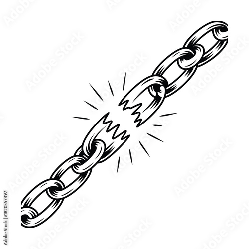 Broken metal chain link illustration, symbolizing freedom, weakness, or a severed connection, with sparks, isolated on