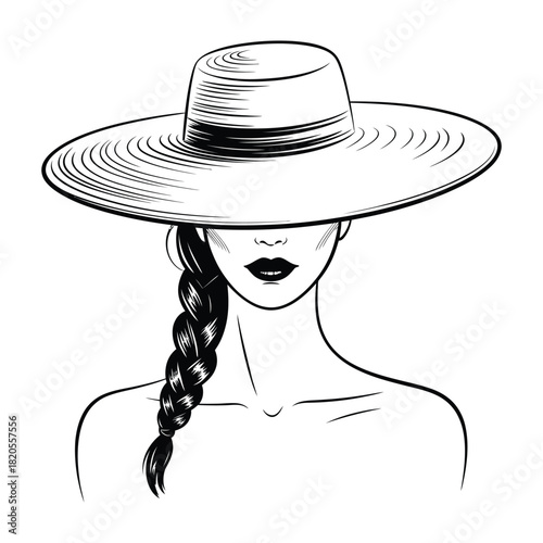 Elegant black and white line art illustration of a woman wearing a stylish widebrimmed hat, with a long braid and visible lips, isolated on