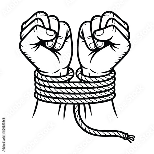 Black and white illustration of two human hands, fists clenched, tightly bound at the wrists by a thick rope, symbolizing restriction, captivity, and struggle
