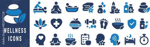Collection of blue and white wellness and health icons on dark blue background massage