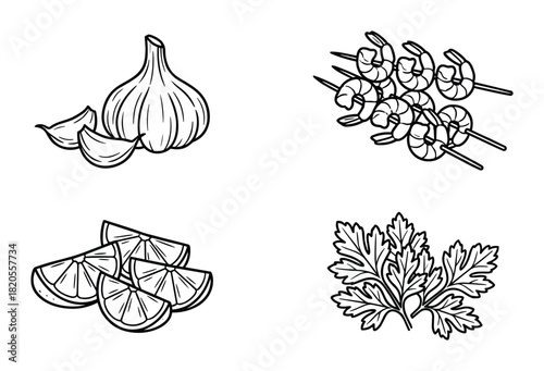 Garlic, shrimp skewers, lemon wedges, and parsley. Fresh seafood and aromatic cooking ingredients.