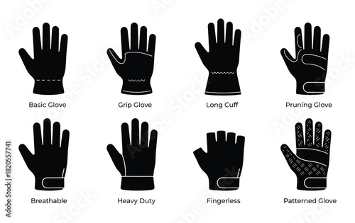 Gardening glove icons set, various types of protective hand wear, outline symbols for garden work.