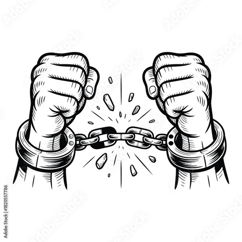 Strong fists breaking a metal chain, symbolizing freedom, liberation, strength, and overcoming oppression, in a bold illustration, isolated on