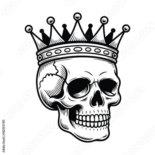 A detailed black and white illustration of a human skull wearing a royal crown, depicted in a vintage, gothic, or tattoo style, isolated on