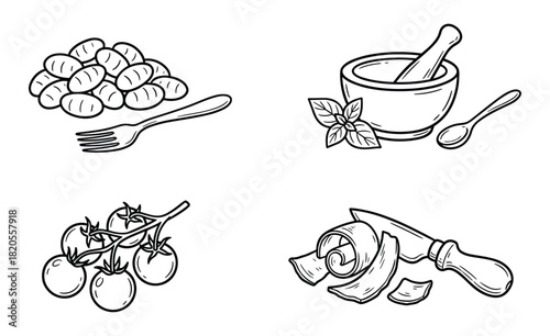 Gnocchi, mortar and pestle with basil, cherry tomatoes, and parmesan knife. Italian cooking ingredients.