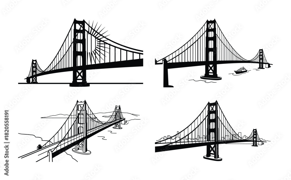 Obraz premium Golden gate bridge vector illustrations. Iconic landmark perspectives. Architectural engineering marvel