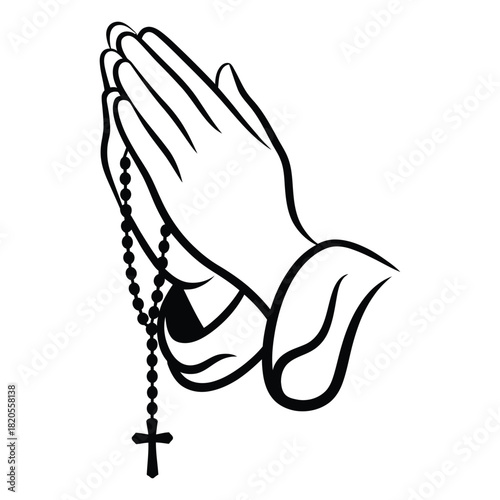 A solemn illustration of hands clasped in prayer, holding a rosary with a crucifix, representing religious devotion and spiritual reflection, isolated on