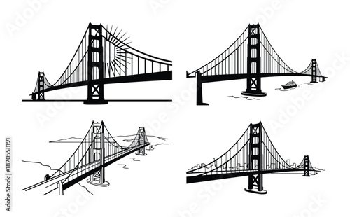 Golden gate bridge vector illustrations. Iconic landmark perspectives. Architectural engineering marvel