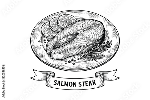Gourmet salmon steak on plate, lemon slices and rosemary, perfect for restaurant menu design.