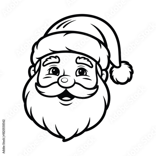 Black and white line art illustration of a cheerful santa claus head with a beard, mustache, and a classic santa hat, smiling, isolated on