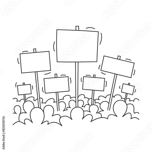 Doodle illustration of a crowd holding blank protest signs, symbolizing demonstration, activism, and the collective voice, isolated on