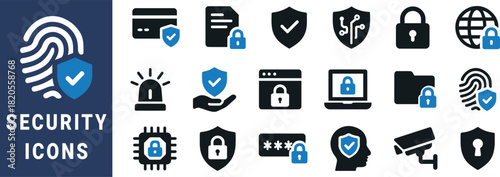 Collection of security and protection icons in blue and black lock shield