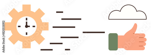 Gear with clock, dynamic lines, cloud, and thumbs-up hand. Ideal for productivity, teamwork, optimization, cloud workflow speed efficiency success. Modern minimal flat metaphor