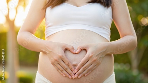 A expectant mother forms a heart shape with her hands on her pregnant belly, symbolizing love and anticipation for her upcoming child.