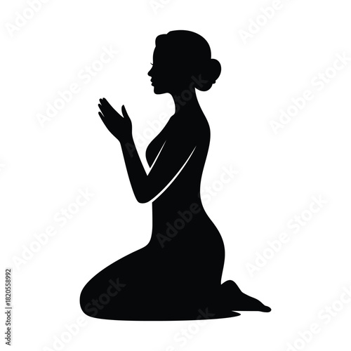 Silhouette of a woman kneeling in prayer, with her hands clasped together, showing devotion and spirituality, isolated on