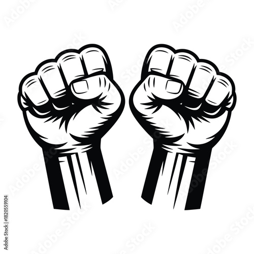A bold black and white illustration of two clenched fists raised, symbolizing power, protest, unity, and resistance, isolated on