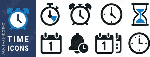 Collection of time related icons including alarm clocks stopwatch hourglass and calendar vector