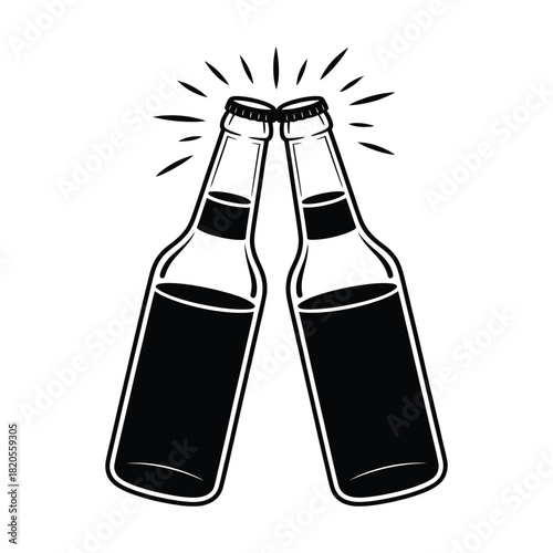 Two beer bottles clinking together in a celebratory toast, with radiating lines indicating a festive cheer, depicted in a black and white illustration, isolated on
