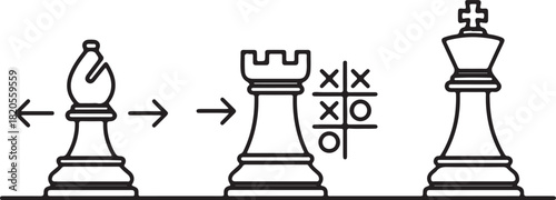 Chess Bishop Rook and King with Arrows and Tic Tac Toe