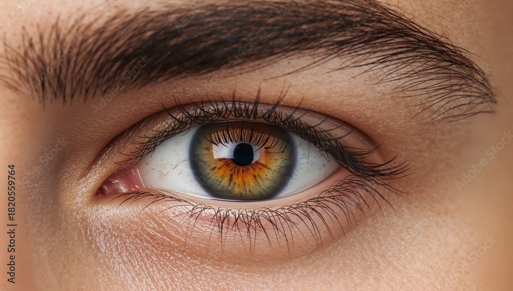 Fototapeta premium Closeup of a Human Eye with Green and Golden Iris, Featuring Brow and Skin Texture.