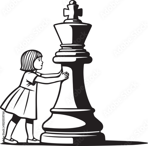 Girl Pushing a Giant Chess King Piece child