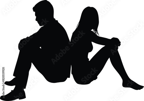 A silhouetted couple sits back to back depicting distance and emotional disconnection