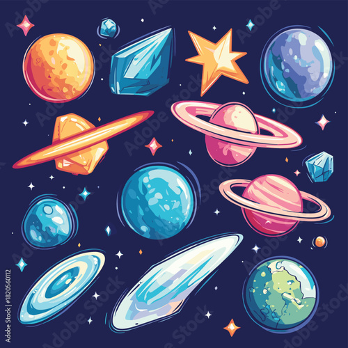 space objects cartoon set. planets asteroids comets galaxy, colored alien universe stars stones game vector illustration , vector style simple color
