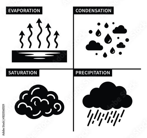 Hydrological cycle stages. Evaporation condensation saturation precipitation. Weather infographic vector.