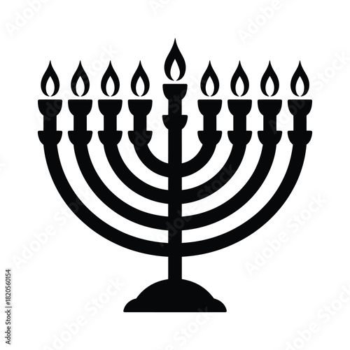 Black silhouette of a traditional ninebranched menorah with all candles lit, symbolizing the jewish holiday of hanukkah, isolated on