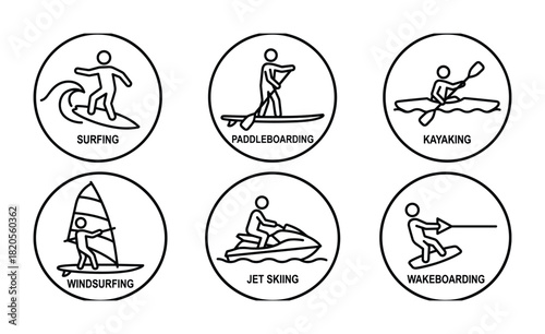 Icons with names for surfing, paddleboarding, kayaking, windsurfing, jet skiing, and wakeboarding.