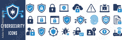 Cybersecurity icons collection with shield lock bug fingerprint and network symbols protection