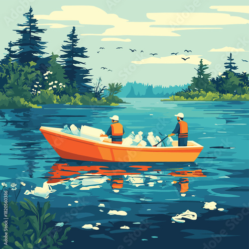 Sea boat collect garbage