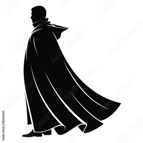 Mysterious cloaked figure in profile, depicted as a dark silhouette with a flowing cape and hood, isolated on