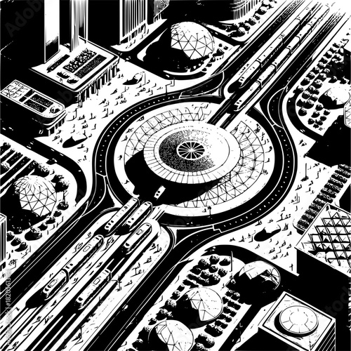Solarpunk urban transportation hub with integrated electric transit solar canopies and green infrastructure for sustainable city planning
