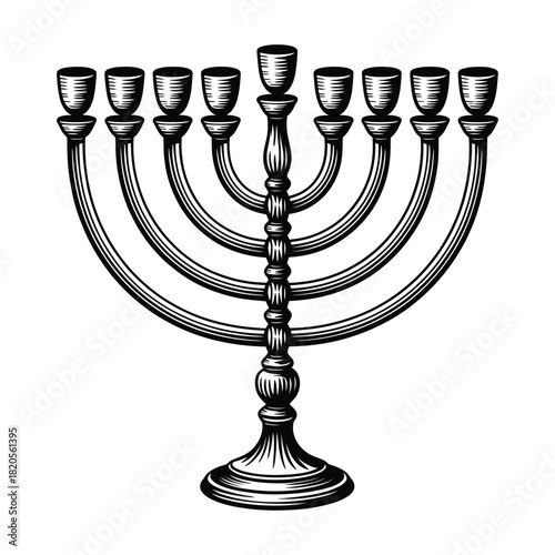 An antiquestyle handdrawn illustration of a traditional jewish menorah, a ninebranched candelabrum used during hanukkah, isolated on